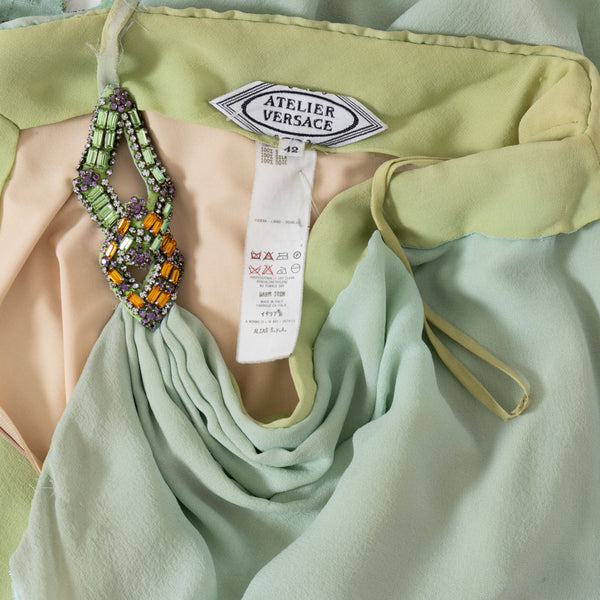 Versace Atelier One Shoulder Crystal and Silk Green Dress