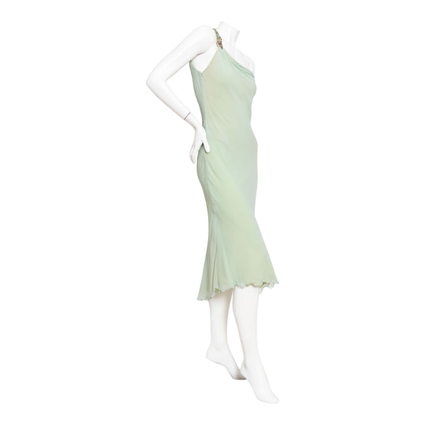 Versace Atelier One Shoulder Crystal and Silk Green Dress