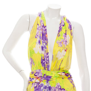 2004 Yellow Slinky Floral-Print Halter Dress
