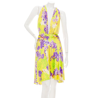 2004 Yellow Slinky Floral-Print Halter Dress