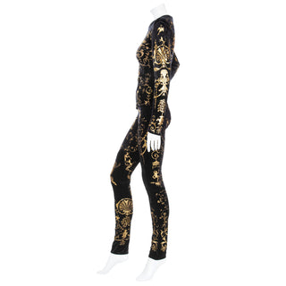 1990 Portrait Collection Black Velour and Gold Printed Foil Top and Leggings Set