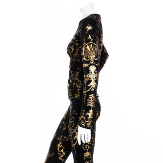 1990 Portrait Collection Black Velour and Gold Printed Foil Top and Leggings Set