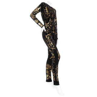 1990 Portrait Collection Black Velour and Gold Printed Foil Top and Leggings Set