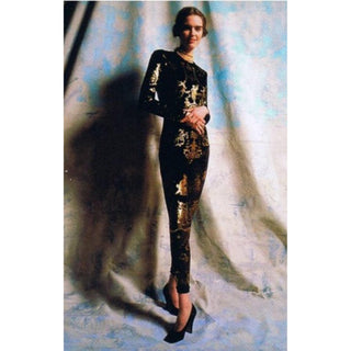 1990 Portrait Collection Black Velour and Gold Printed Foil Top and Leggings Set