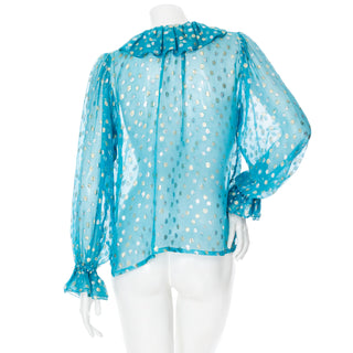 1970s Rive Gauche Blue Silk Metallic Polka Dot Embroidered Ruffled Blouse