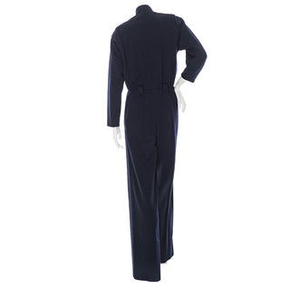 1980s Rive Gauche Navy Blue Wool Long Sleeve Jumpsuit