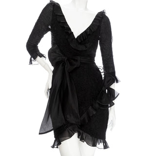 1980s Black Silk Ruffled Bow Dress