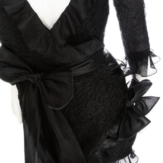 1980s Black Silk Ruffled Bow Dress