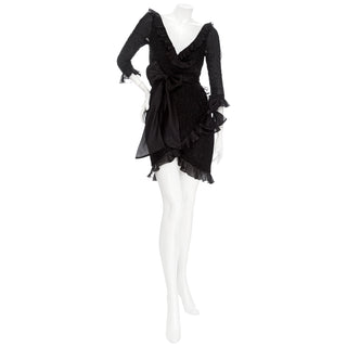 1980s Black Silk Ruffled Bow Dress