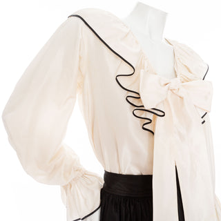 1970s Black and White Silk Taffeta Ruffled Two-Piece Top & Skirt Set