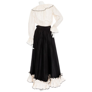 1970s Black and White Silk Taffeta Ruffled Two-Piece Top & Skirt Set