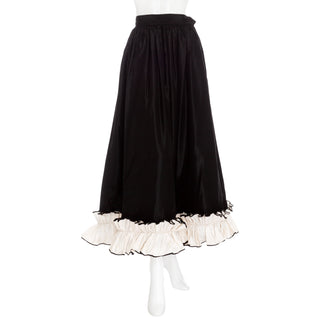 1970s Black and White Silk Taffeta Ruffled Two-Piece Top & Skirt Set