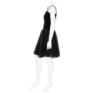 1980s Haute Couture Black Velvet Tulle Spaghetti Strap Dress