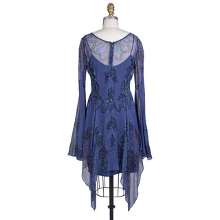 1970s Blue Silk Floral Print Peasant Dress