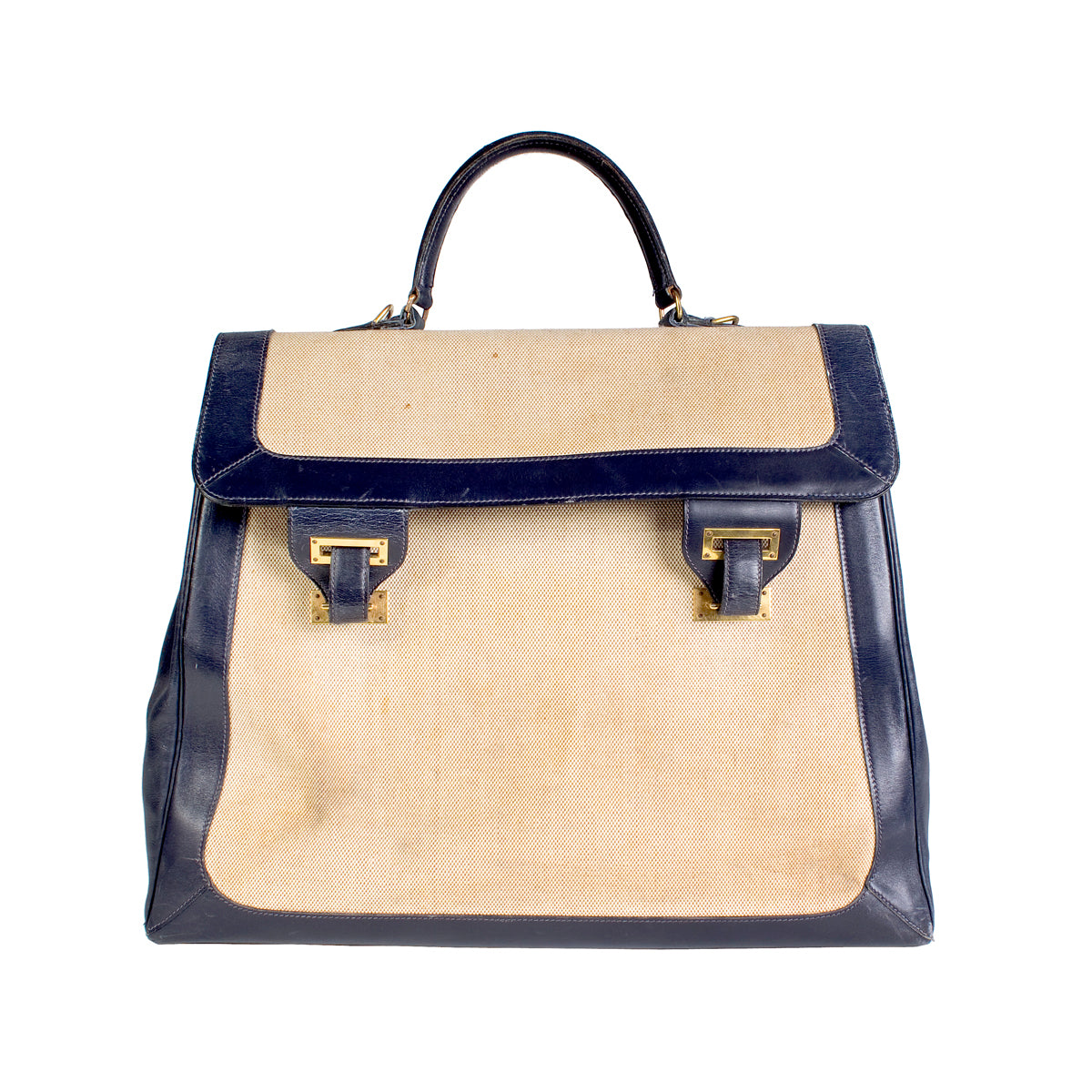 Navy Leather and Toile Canvas Top Handle Bag