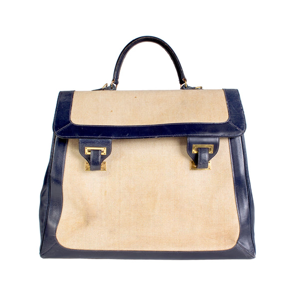 Navy Leather and Toile Canvas Top Handle Bag