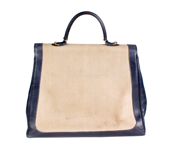 Navy Leather and Toile Canvas Top Handle Bag