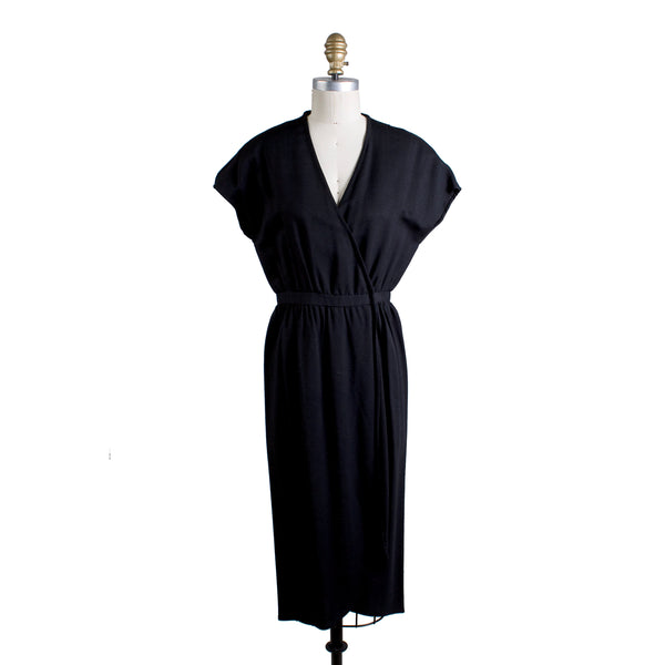 1970s Black Linen Cap Sleeve Dress