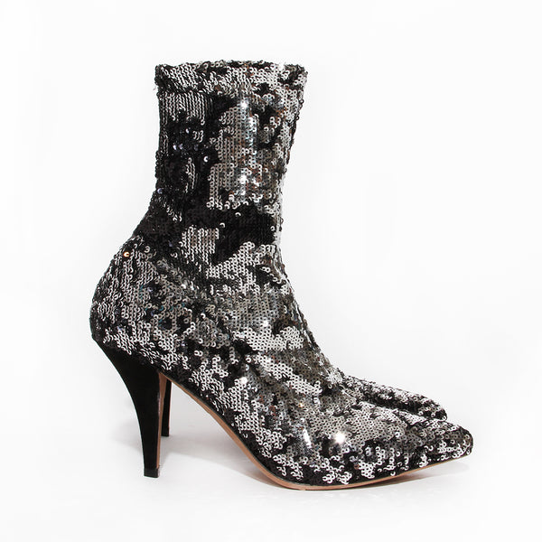 Silver and Black Sequin Sock Bootie