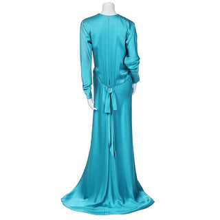 1980s Aqua Blue Long Sleeve Haute Couture Gown