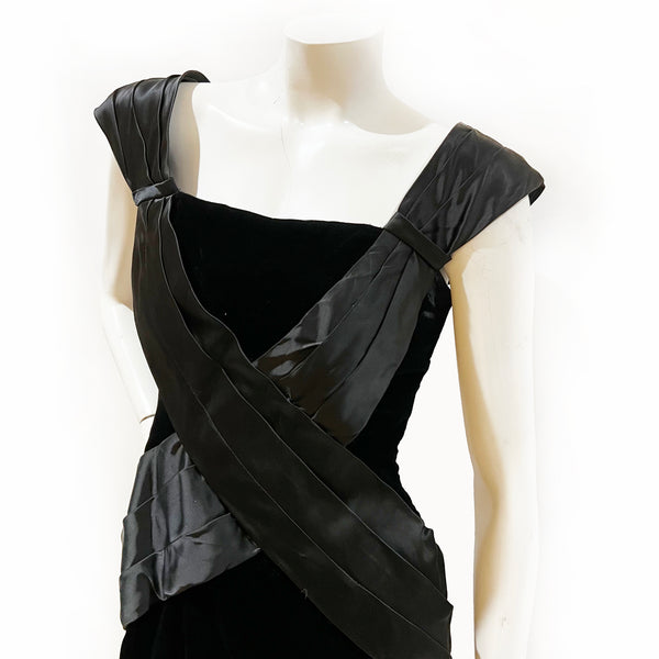 1980s Black Velvet and Satin Strap Accent Dress