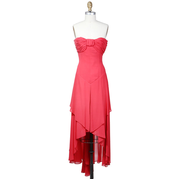 1980s Red Strapless Tiered Gown