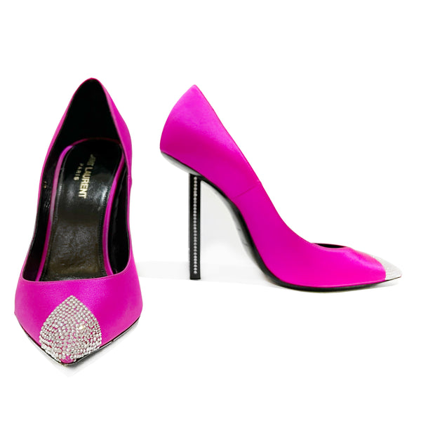 Hot Pink Satin and Crystal Embellished Tower Pumps