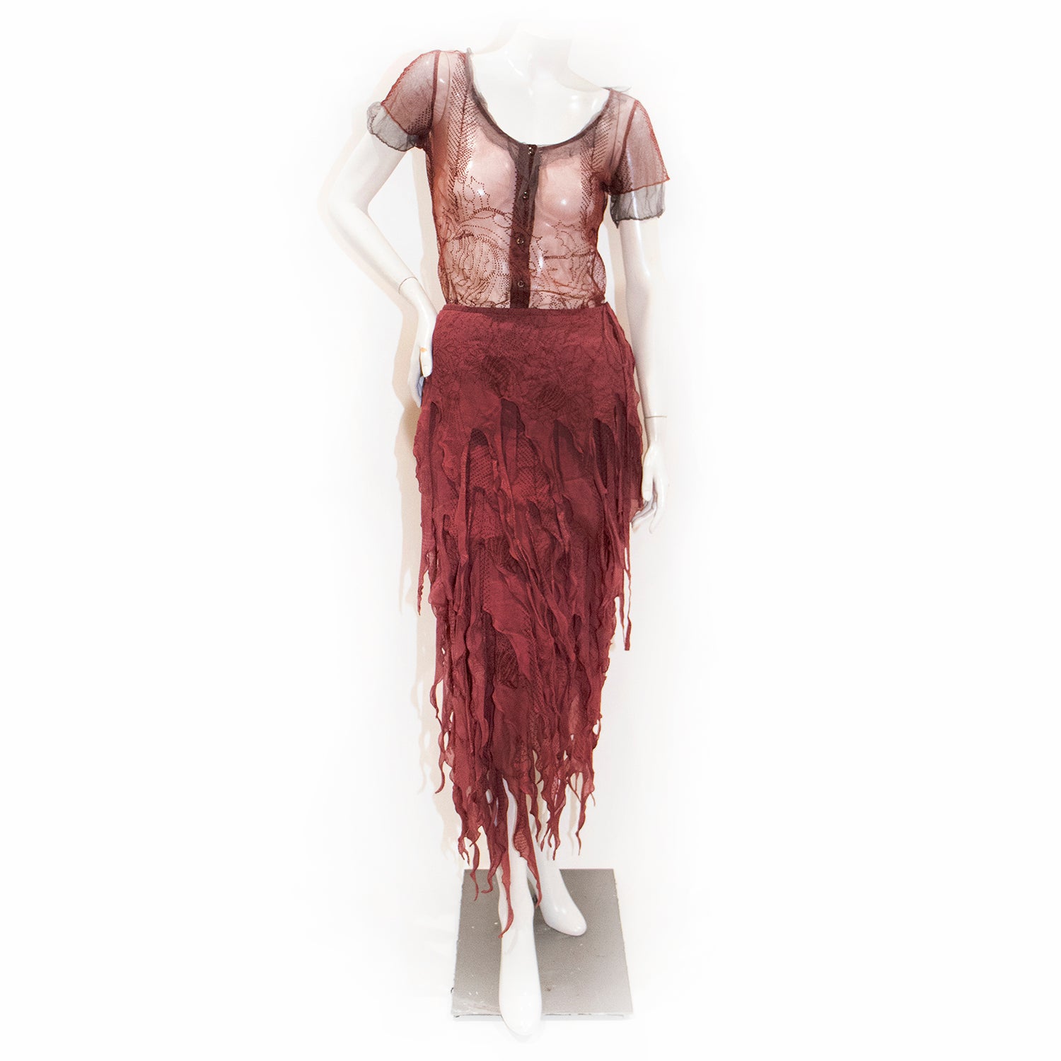 Fendi Burgundy Chiffon Fringe Skirt and Top Set SS2002
