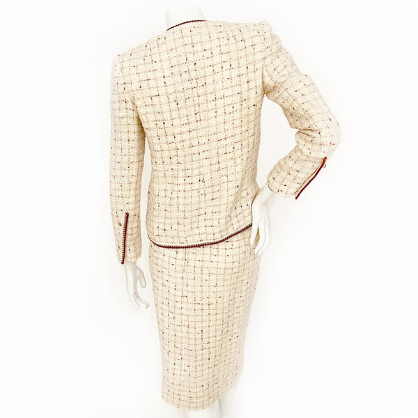 Chanel Ivory Tweed Boucle Skirt Suit with Maroon Trim