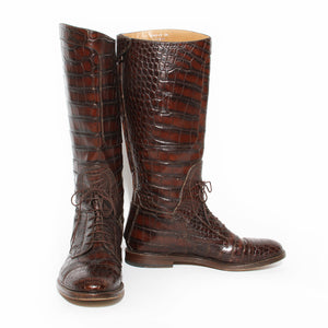 Gucci Brown Croc Lace-Up Riding Boot FW2012