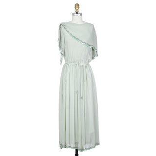 1970s Green Patterned Sequin Trim Dress