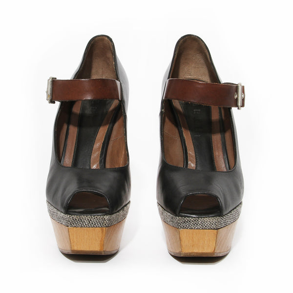 Black Leather and Wood Platform Mary Jane Heel