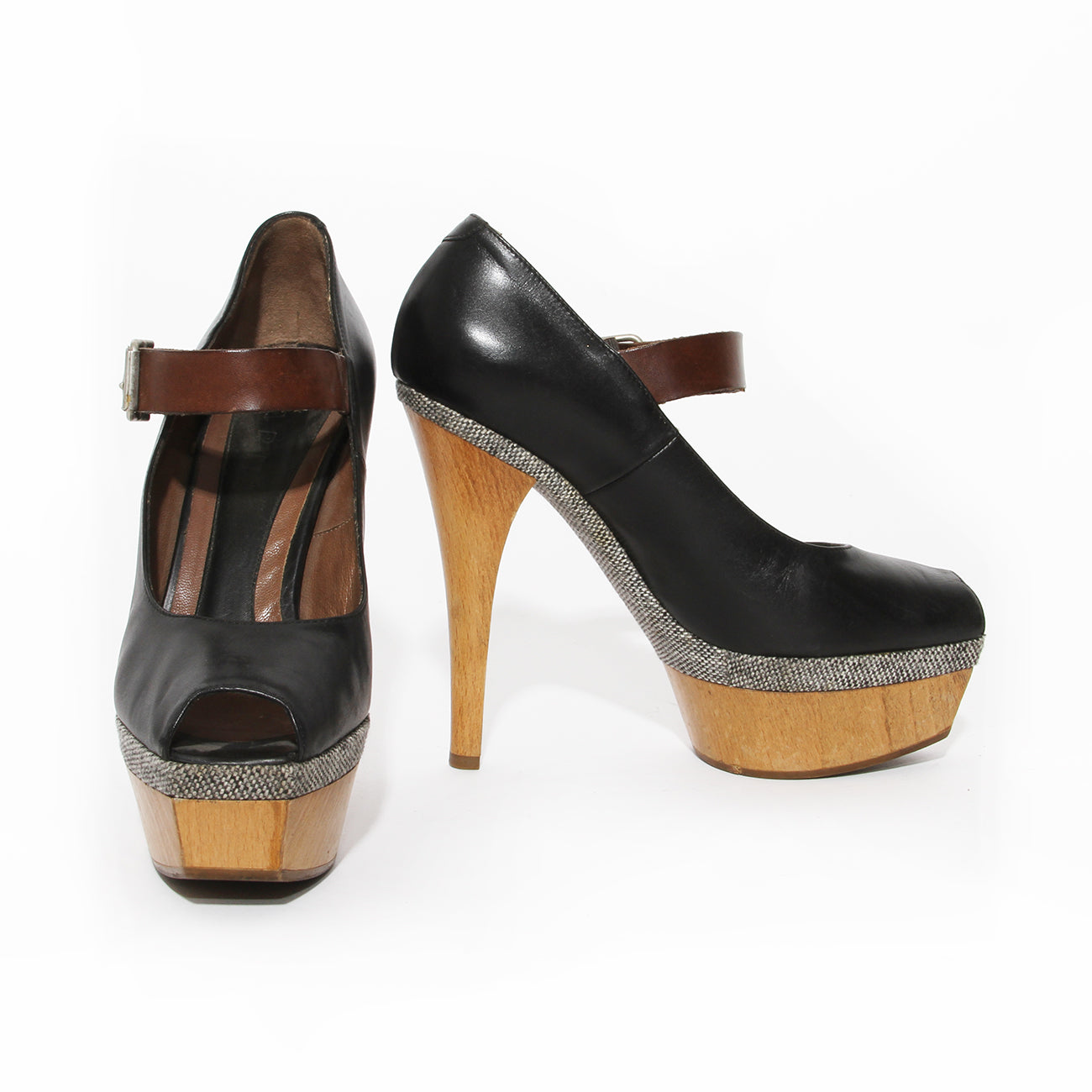 Black Leather and Wood Platform Mary Jane Heel