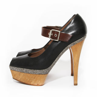 Black Leather and Wood Platform Mary Jane Heel 36.5