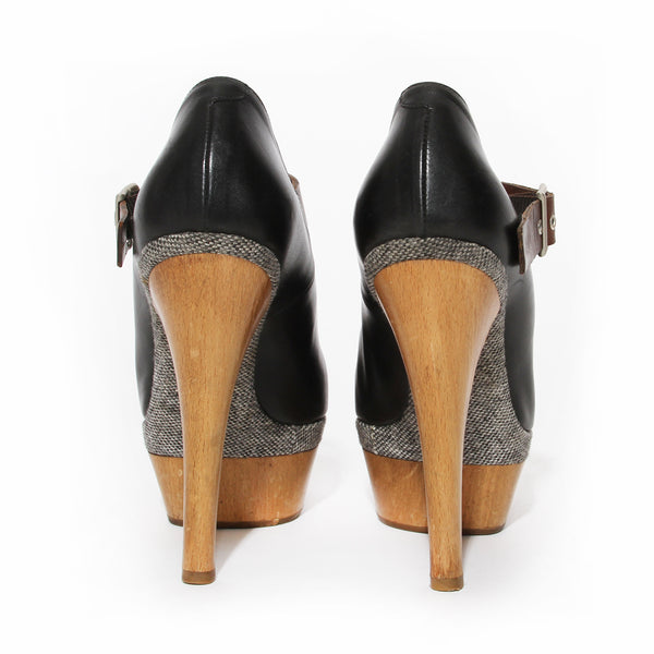 Black Leather and Wood Platform Mary Jane Heel