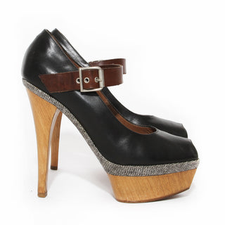 Black Leather and Wood Platform Mary Jane Heel 36.5