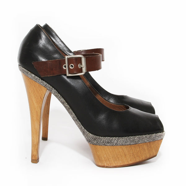 Black Leather and Wood Platform Mary Jane Heel