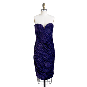 1980s Purple Strapless Draped Dress